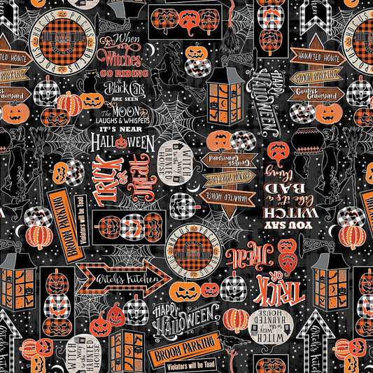 Benartex Fabric - Happy Haunting - Hocus Pocus Black Glows in the Dark - #14952GB-12 - Cotton Fabric - 1 Yard (Black)