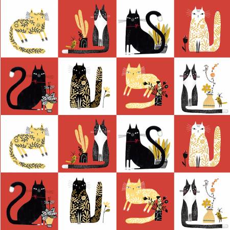 Benartex Cat Fabric -Cosmo Cats Panel Red/Multi - Cosmo Cats by Terry Runyan Collection - #16131B-10 - Cotton Fabric