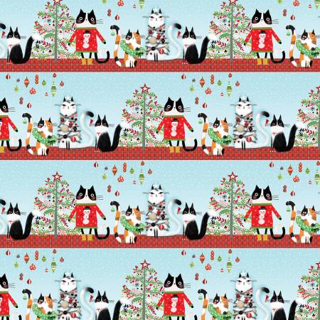 Benartex Cat Fabric -Meowy Christmas by Terry Runyan - Multi Meowy Christmas Stripe - #16232B-99 - Cotton Fabric