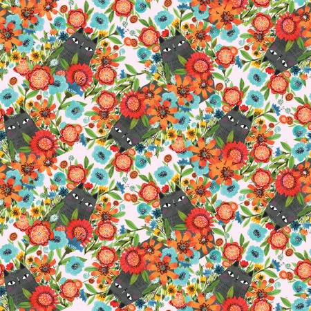 Benartex Cat Fabric - Cats in the Garden Multi - Garden Cats by Terry Runyan Collection - #16346B-99 - Cotton Fabric