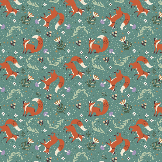 Benartex Fox Fabric - Foxy Cottage Core Teal - #16376B-85 - Cotton Fabric