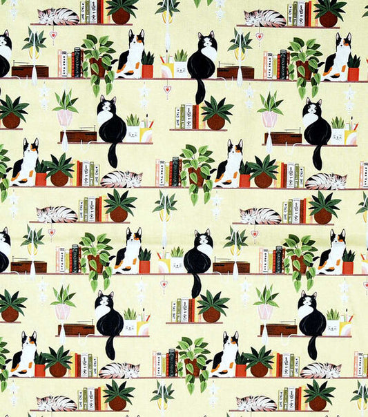 Novelty Cat Fabric - Cats on Shelves Tan - Cat - Plants - Books - Cotton Fabric