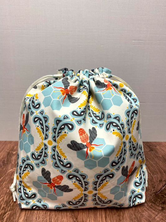Bee Project Bag - Drawstring Bag – Knitting Bag – Crochet Bag - Craft Bag - Bingo Bag – Cross Stitch Bag - Floral