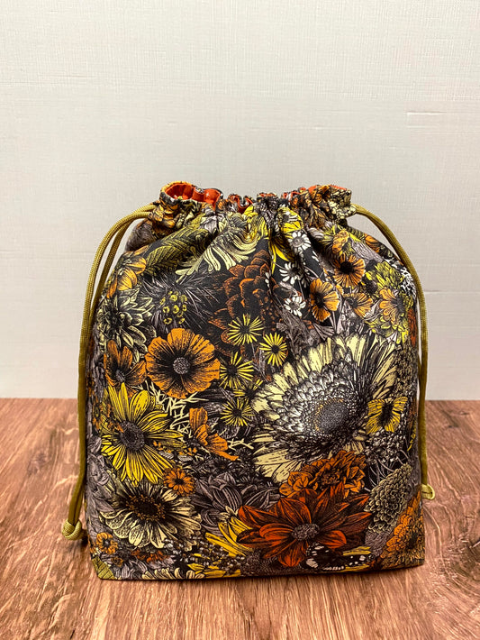 Sunflower Project Bag - Drawstring Bag – Knitting Bag – Crochet Bag - Toy Sack – Cross Stitch Bag - Flower - Floral