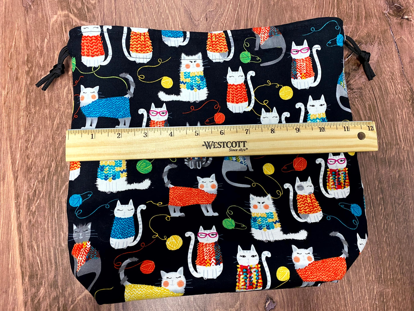 Cat Project Bag - Handmade - Drawstring Bag – Knitting Bag – Crochet Bag - Cross Stitch Bag - Toy Sack - Bingo Bag - Cats - Yarn Balls