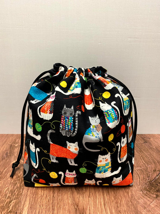 Cat Project Bag - Handmade - Drawstring Bag – Knitting Bag – Crochet Bag - Cross Stitch Bag - Toy Sack - Bingo Bag - Cats - Yarn Balls