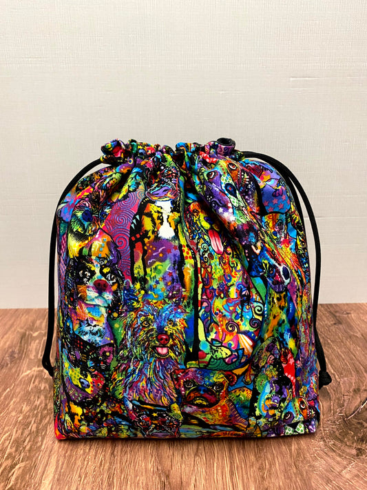 Dog Project Bag - Handmade - Drawstring Bag – Crochet Bag - Knitting Bag - Cross Stitch Bag - Tie Dye - Pug - Beagle - Poodle - Husky