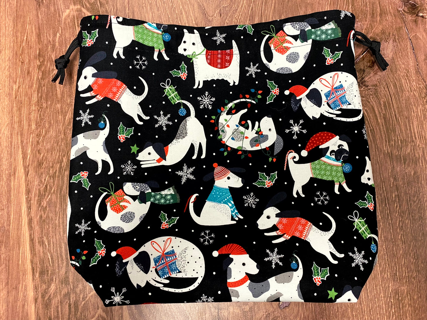 Dog Project Bag - Drawstring Bag – Crochet Bag - Knitting Bag - Cross Stitch Bag - Christmas - Holiday - Pug - Terrier