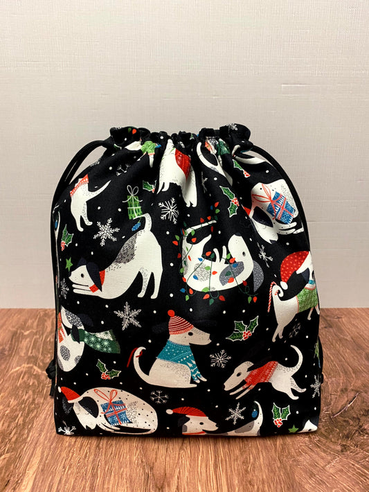 Dog Project Bag - Drawstring Bag – Crochet Bag - Knitting Bag - Cross Stitch Bag - Christmas - Holiday - Pug - Terrier