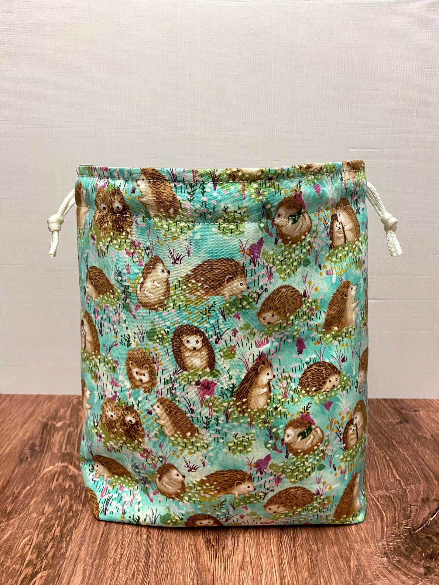 Hedgehog Project Bag (GREEN) - Handmade - Drawstring Bag – Knitting Bag – Crochet Bag - Cross Stitch Bag - Toy Sack - Bingo Bag - Hedgehogs