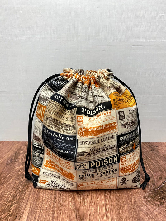 Halloween Project Bag - Handmade - Drawstring Bag – Crochet Bag - Cross Stitch Bag - Toy Sack - Bingo Bag - Skull - Goth - Gothic - Poison
