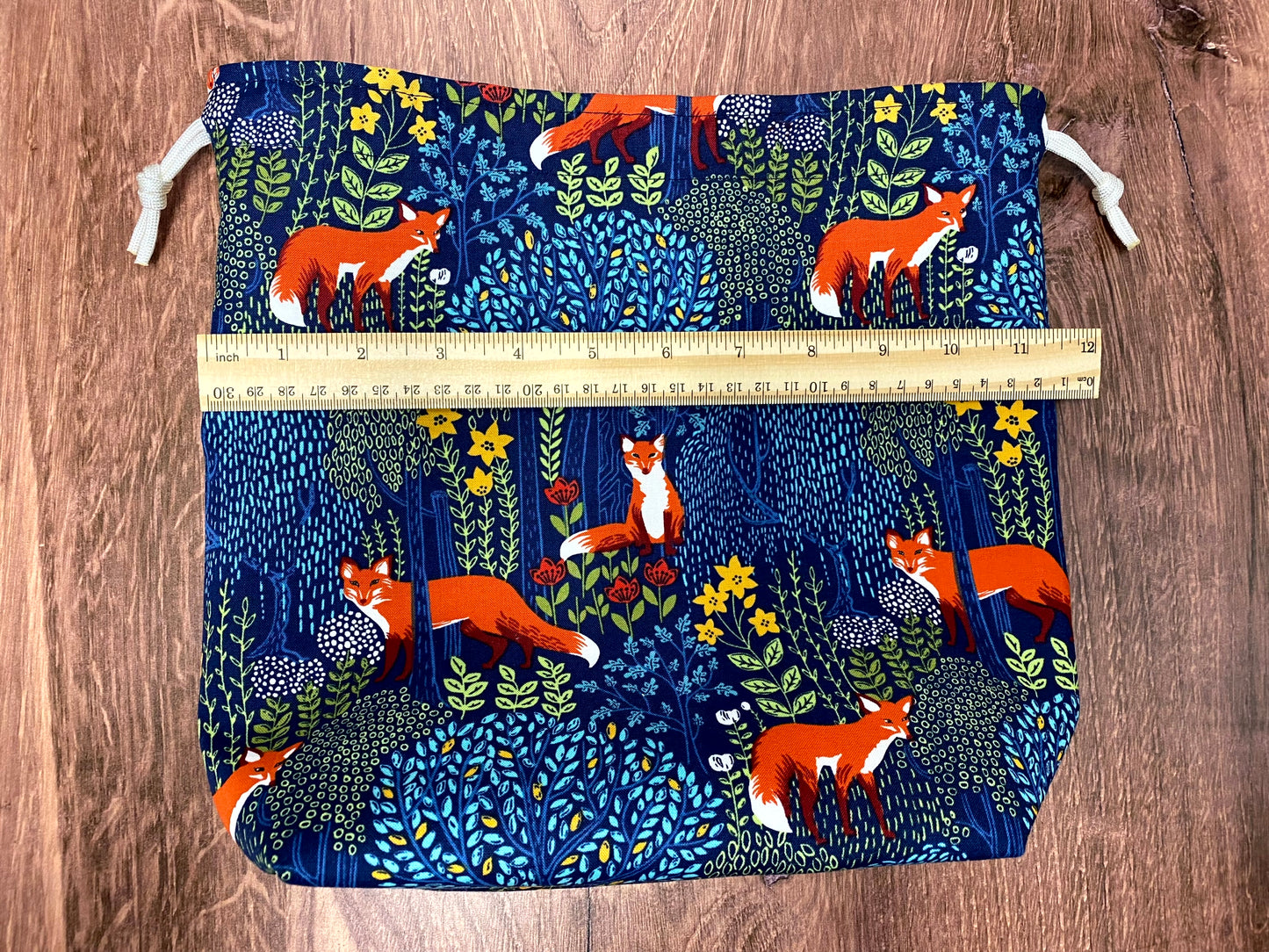 Fox Project Bag - Handmade - Drawstring Bag – Knitting Bag – Crochet Bag - Yarn Tote - Toy Sack - Cross Stitch Bag - Foxes - Floral (BLUE)
