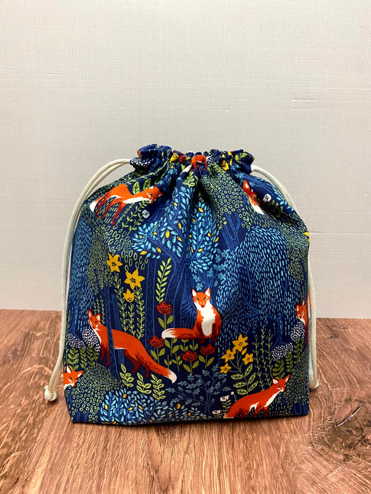 Fox Project Bag - Handmade - Drawstring Bag – Knitting Bag – Crochet Bag - Yarn Tote - Toy Sack - Cross Stitch Bag - Foxes - Floral (BLUE)