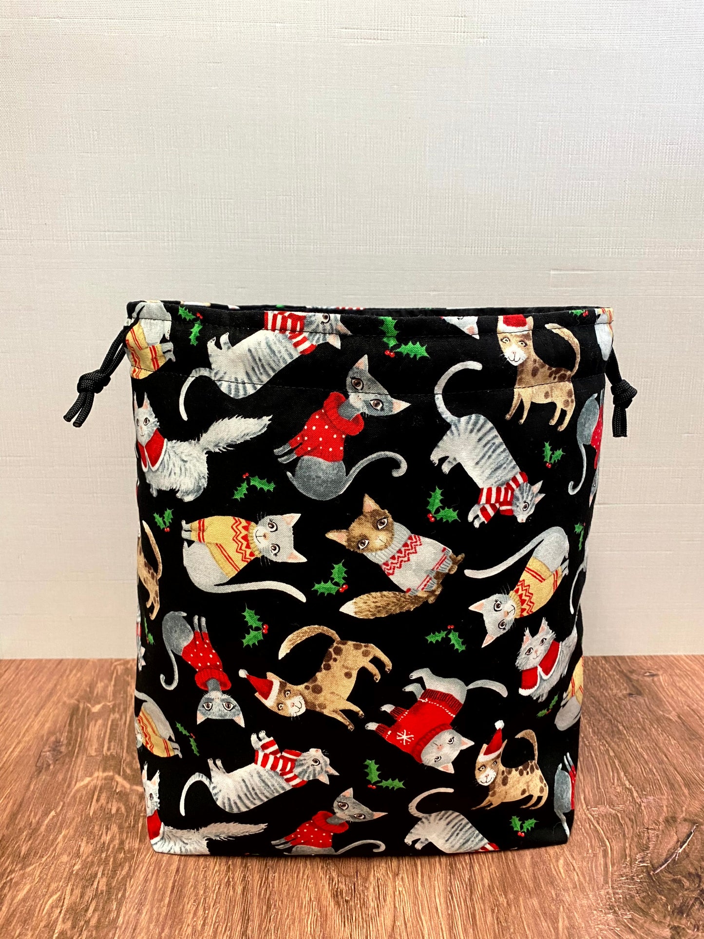 Christmas Cats Project Bag - Handmade - Drawstring Bag – Knitting Bag – Crochet Bag - Toy Sack - Bingo Bag – Cross Stitch Bag – Sweaters