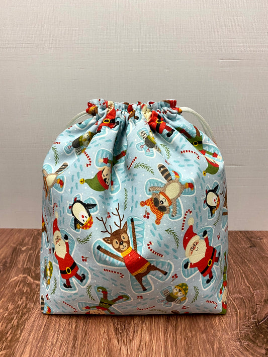 Christmas Project Bag - Drawstring Bag – Knitting Bag – Crochet Bag - Toy Sack – Cross Stitch Bag - Reindeer - Santa - Elf - Owl - Penguin