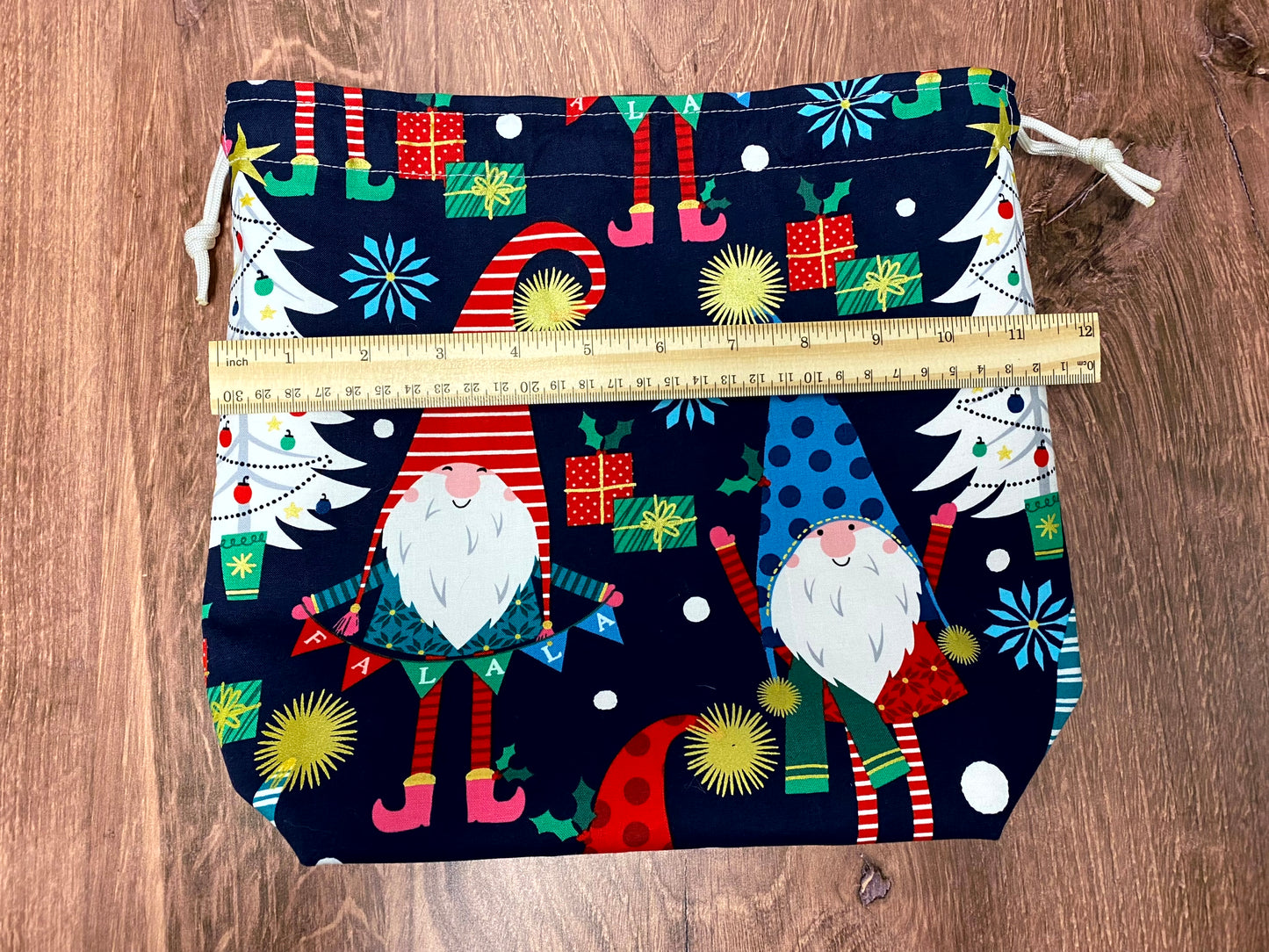 Christmas Gnome Project Bag - Handmade - Drawstring Bag – Crochet Bag - Knitting Bag - Cross Stitch Bag - Tree - Winter