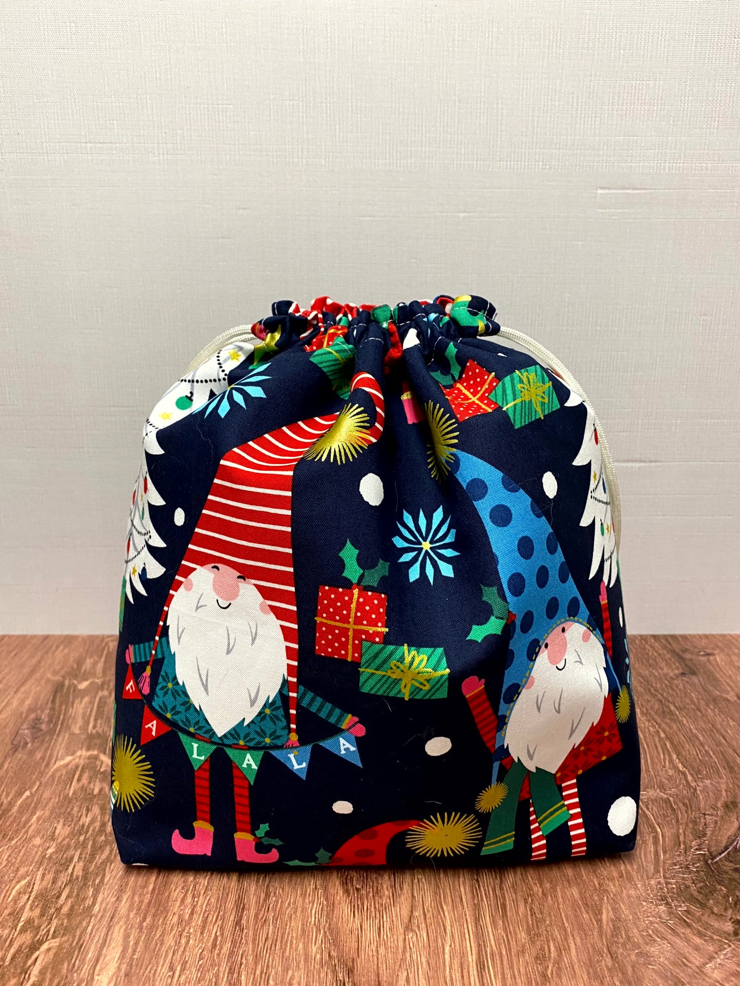 Christmas Gnome Project Bag - Handmade - Drawstring Bag – Crochet Bag - Knitting Bag - Cross Stitch Bag - Tree - Winter