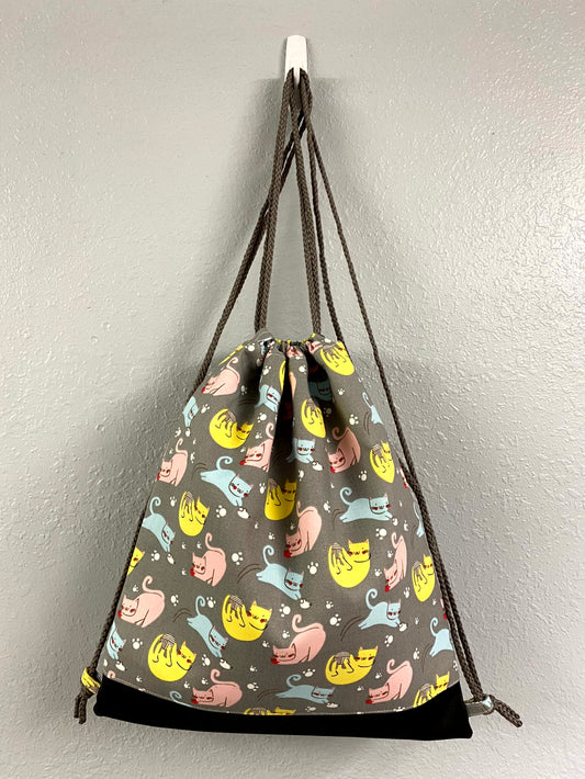 Cat Drawstring Bag - Handmade Drawstring Bag – Drawstring Backpack - On the Go Bag - Overnight Bag