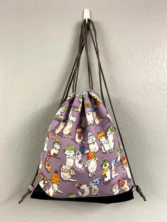 Cat Drawstring Bag - Handmade Drawstring Bag – Drawstring Backpack - On the Go Bag - Overnight Bag