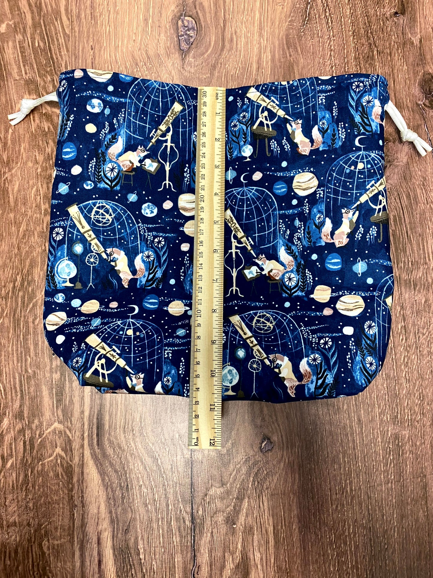 Celestial Fox Project Bag - Handmade - Drawstring Bag – Knitting Bag – Crochet Bag - Toy Sack – Cross Stitch Bag – Space - Telescope
