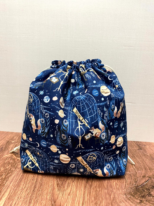 Celestial Fox Project Bag - Handmade - Drawstring Bag – Knitting Bag – Crochet Bag - Toy Sack – Cross Stitch Bag – Space - Telescope