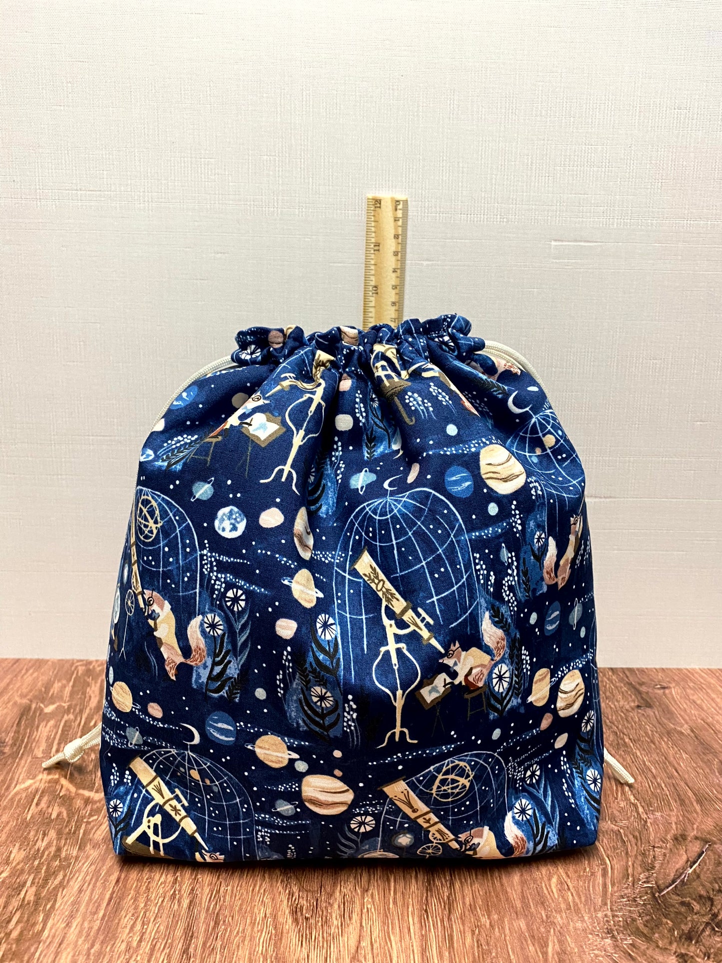 Celestial Fox Project Bag - Handmade - Drawstring Bag – Knitting Bag – Crochet Bag - Toy Sack – Cross Stitch Bag – Space - Telescope