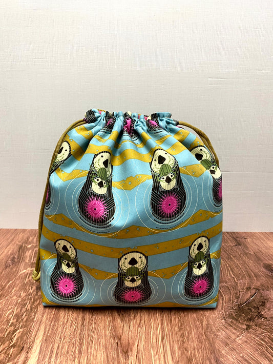 Otter Project Bag - Handmade - Drawstring Bag – Crochet Bag - Knitting Bag - Cross Stitch Bag - Animal - Zoo