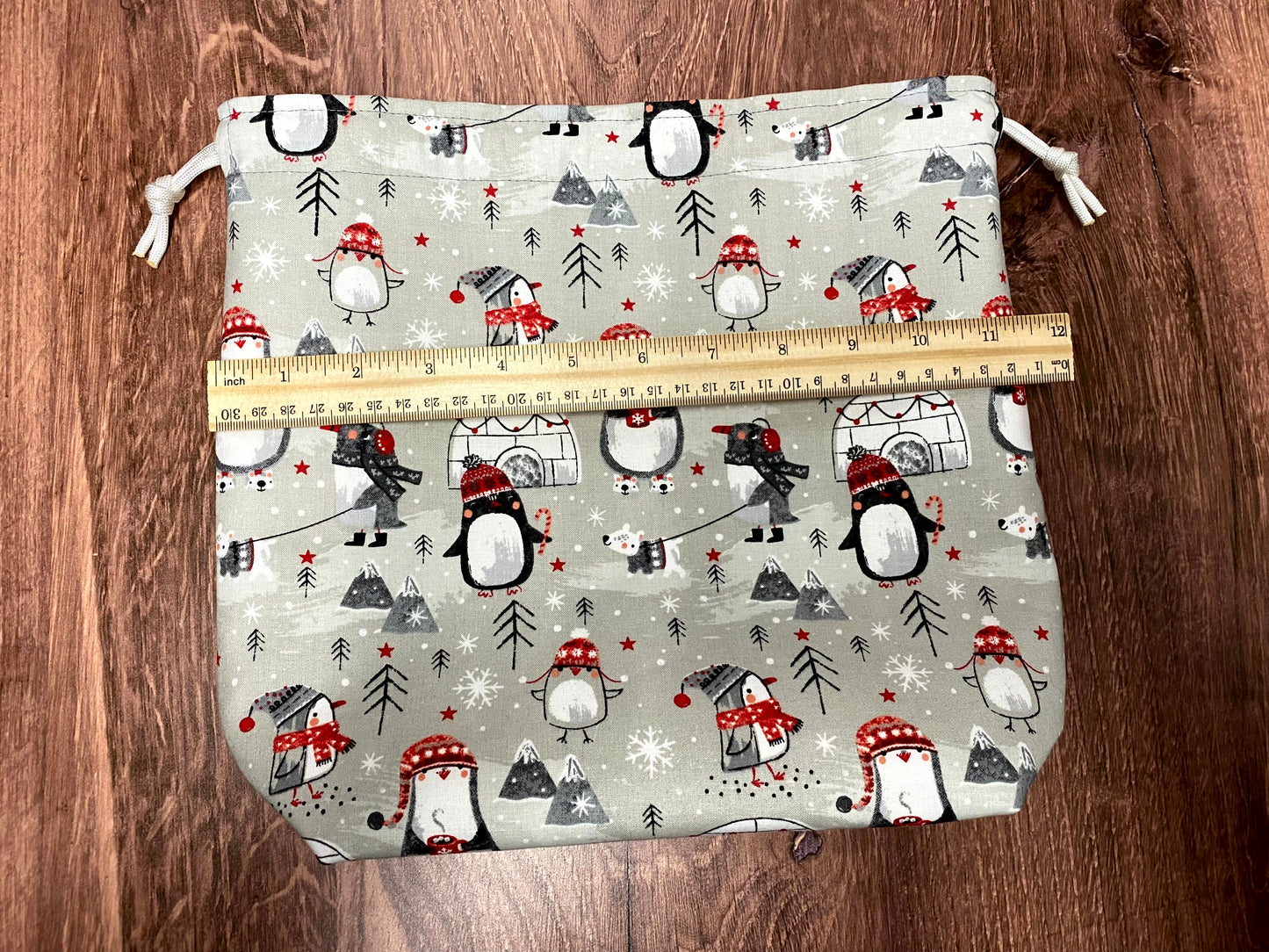 Penguin Project Bag - Drawstring Bag – Knitting Bag – Crochet Bag - Toy Sack - Bingo Bag – Cross Stitch Bag - Birds - Winter - Gray