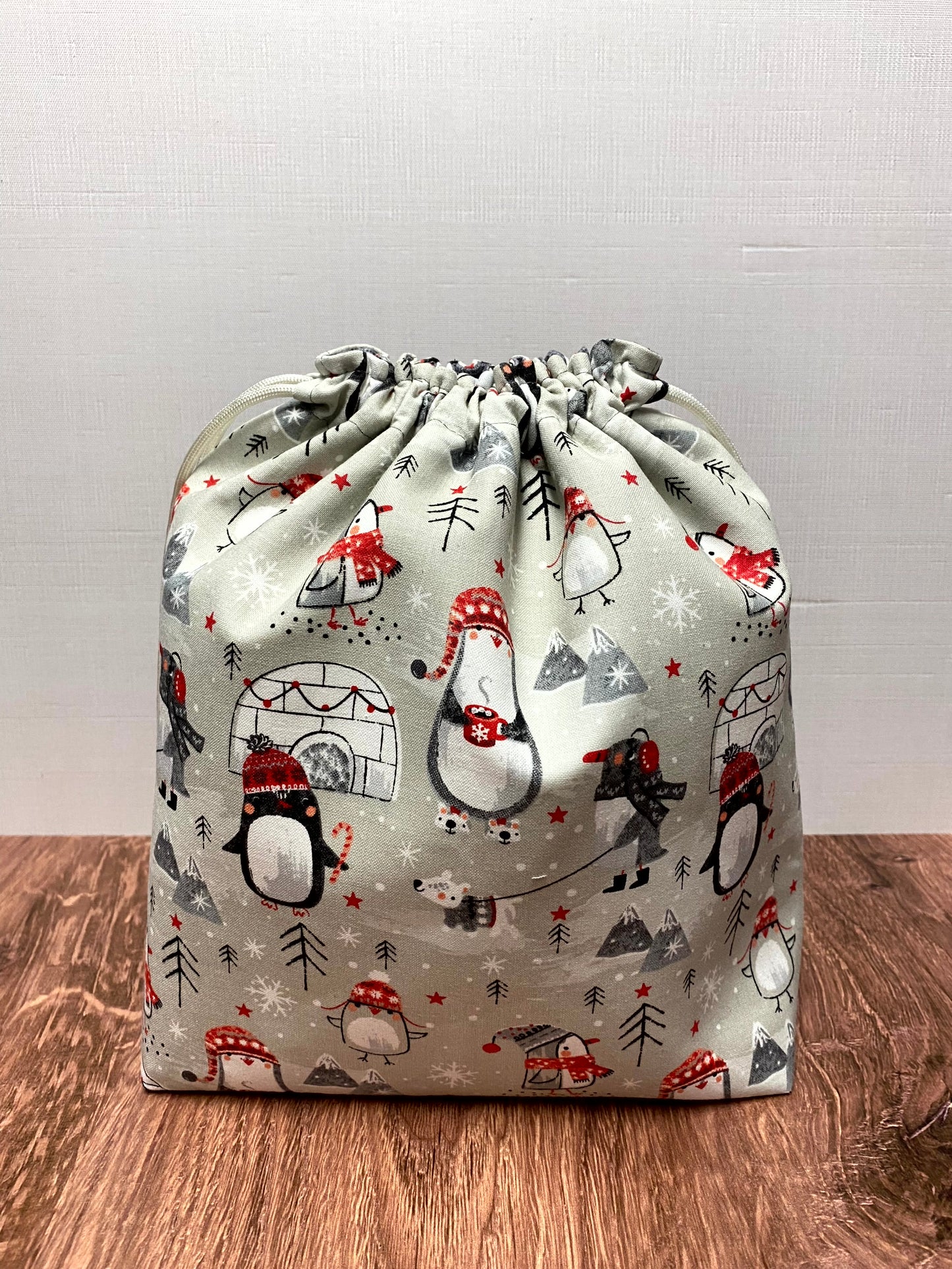 Penguin Project Bag - Drawstring Bag – Knitting Bag – Crochet Bag - Toy Sack - Bingo Bag – Cross Stitch Bag - Birds - Winter - Gray