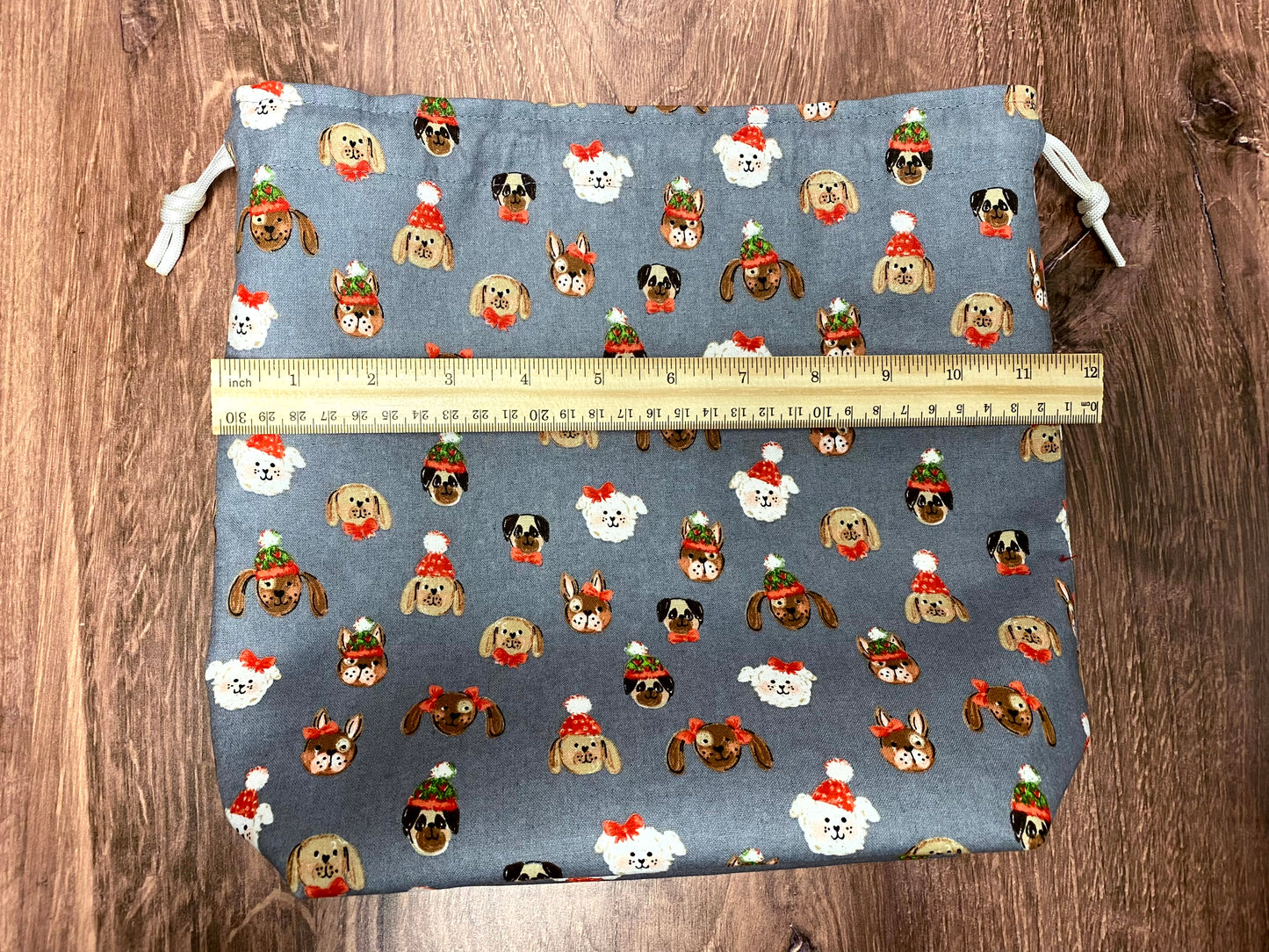 Dog Project Bag - Handmade - Drawstring Bag – Crochet Bag - Knitting Bag - Cross Stitch Bag - Christmas - Pug - French Bulldog