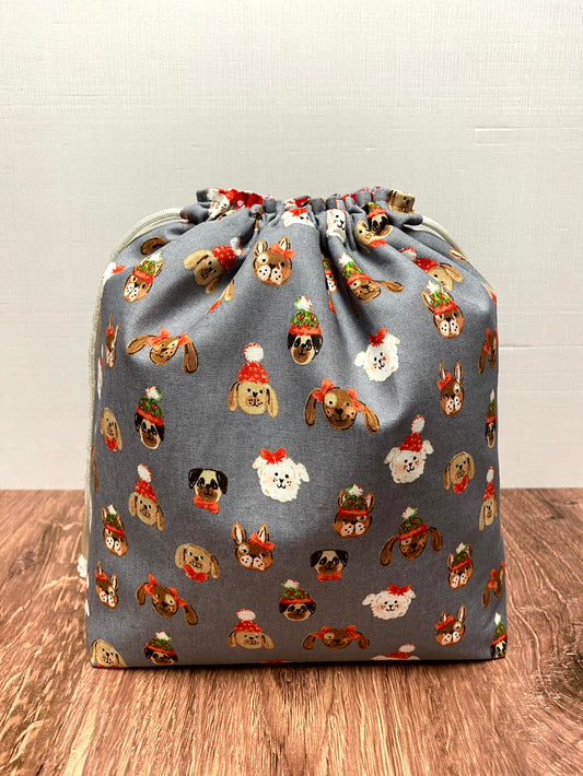 Dog Project Bag - Handmade - Drawstring Bag – Crochet Bag - Knitting Bag - Cross Stitch Bag - Christmas - Pug - French Bulldog