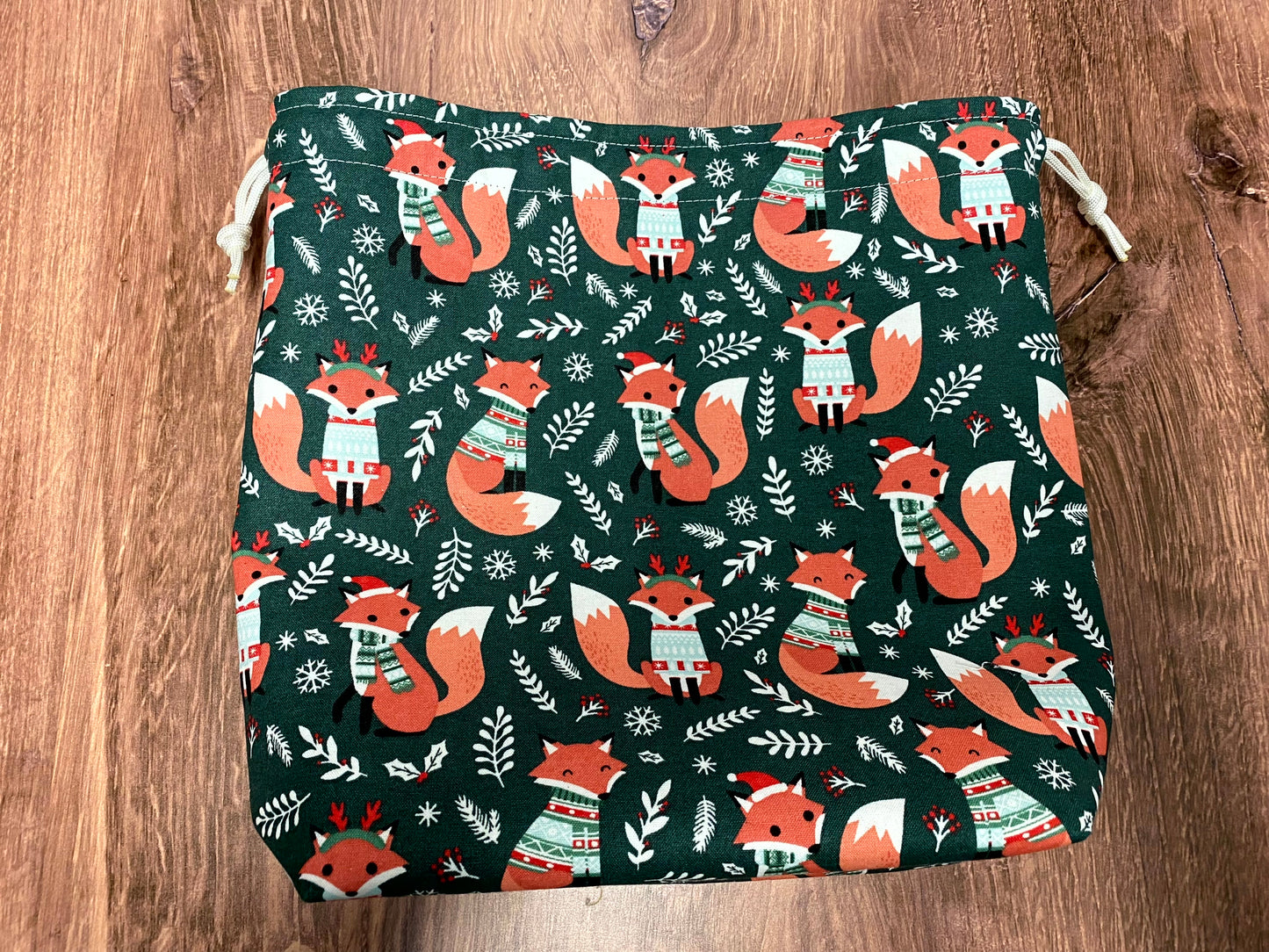 Fox Project Bag - Handmade - Drawstring Bag – Knitting Bag – Crochet Bag - Toy Sack - Bingo Bag – Cross Stitch Bag - Christmas - Floral
