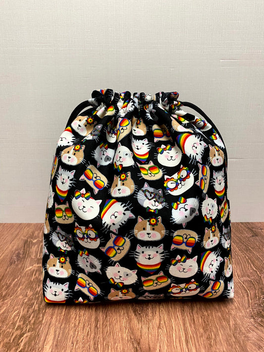 Cat Project Bag - Handmade - Drawstring Bag – Knitting Bag – Crochet Bag - Cross Stitch Bag - Toy Sack - Bingo Bag - Rainbow