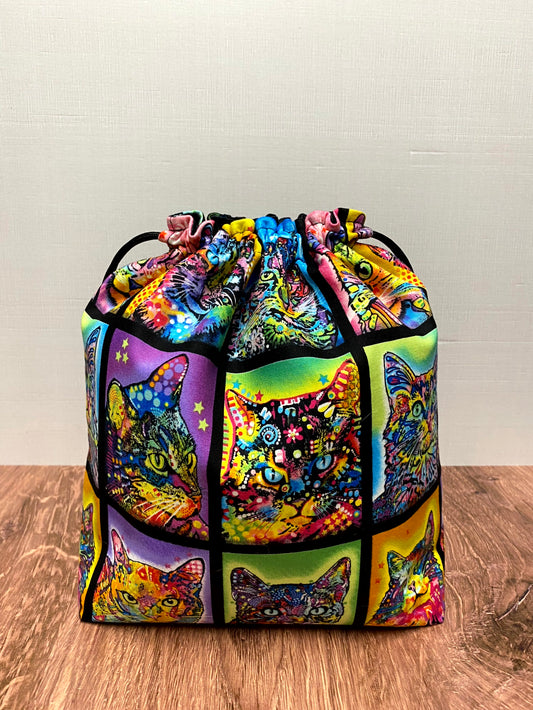 Cat Project Bag - Handmade - Drawstring Bag – Knitting Bag – Crochet Bag - Cross Stitch Bag - Toy Sack - Bingo Bag - Tie Dye