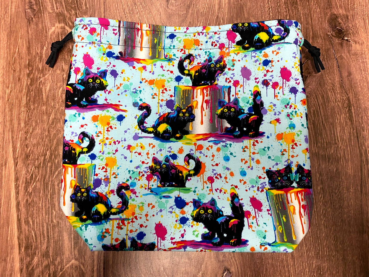 Cat Project Bag - Handmade - Drawstring Bag – Knitting Bag – Crochet Bag - Toy Sack - Bingo Bag – Cross Stitch Bag - Paint Splats