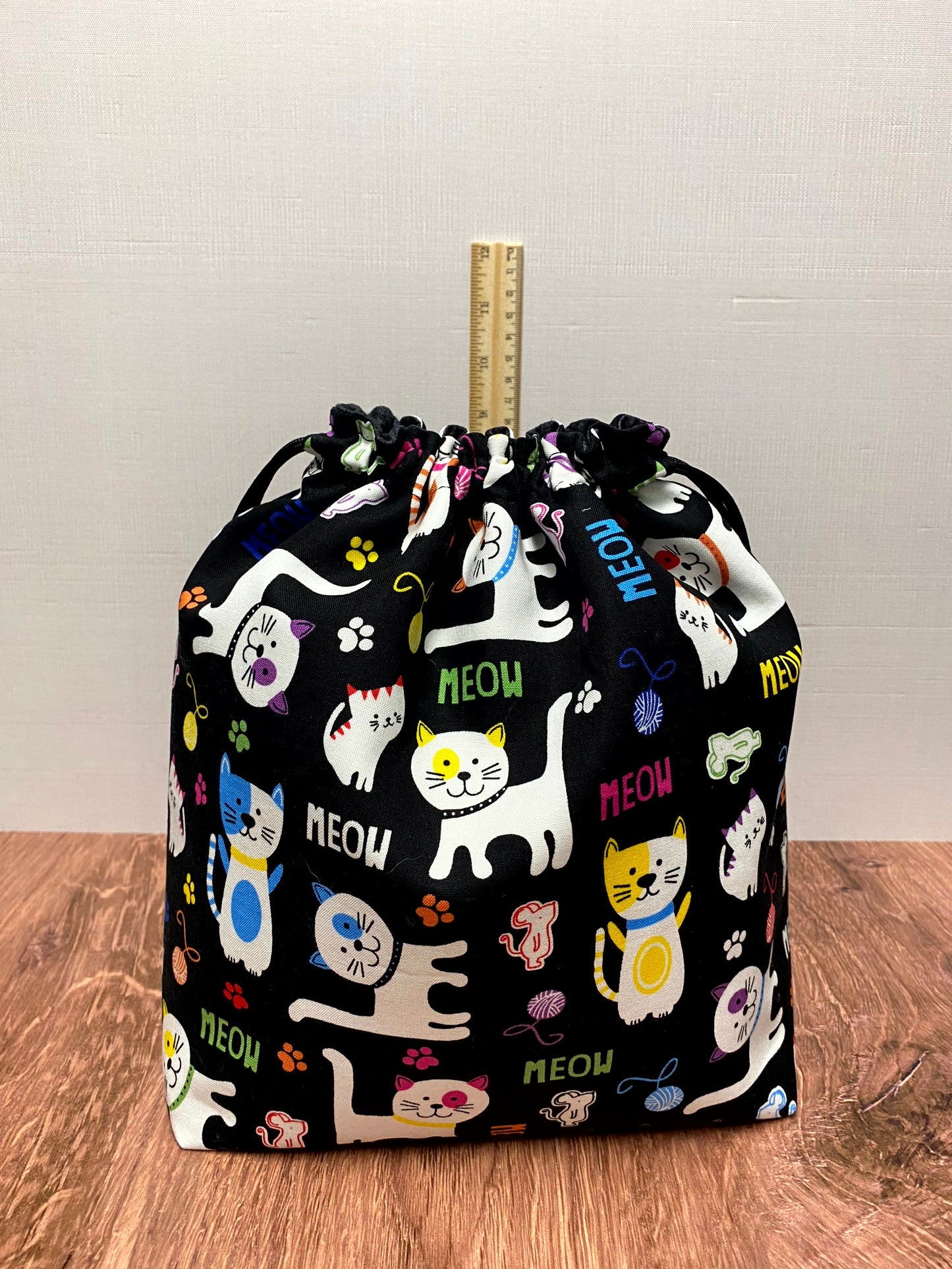 Cat Project Bag - Handmade - Drawstring Bag – Knitting Bag – Crochet Bag - Cross Stitch Bag - Toy Sack - Bingo Bag - Rainbow
