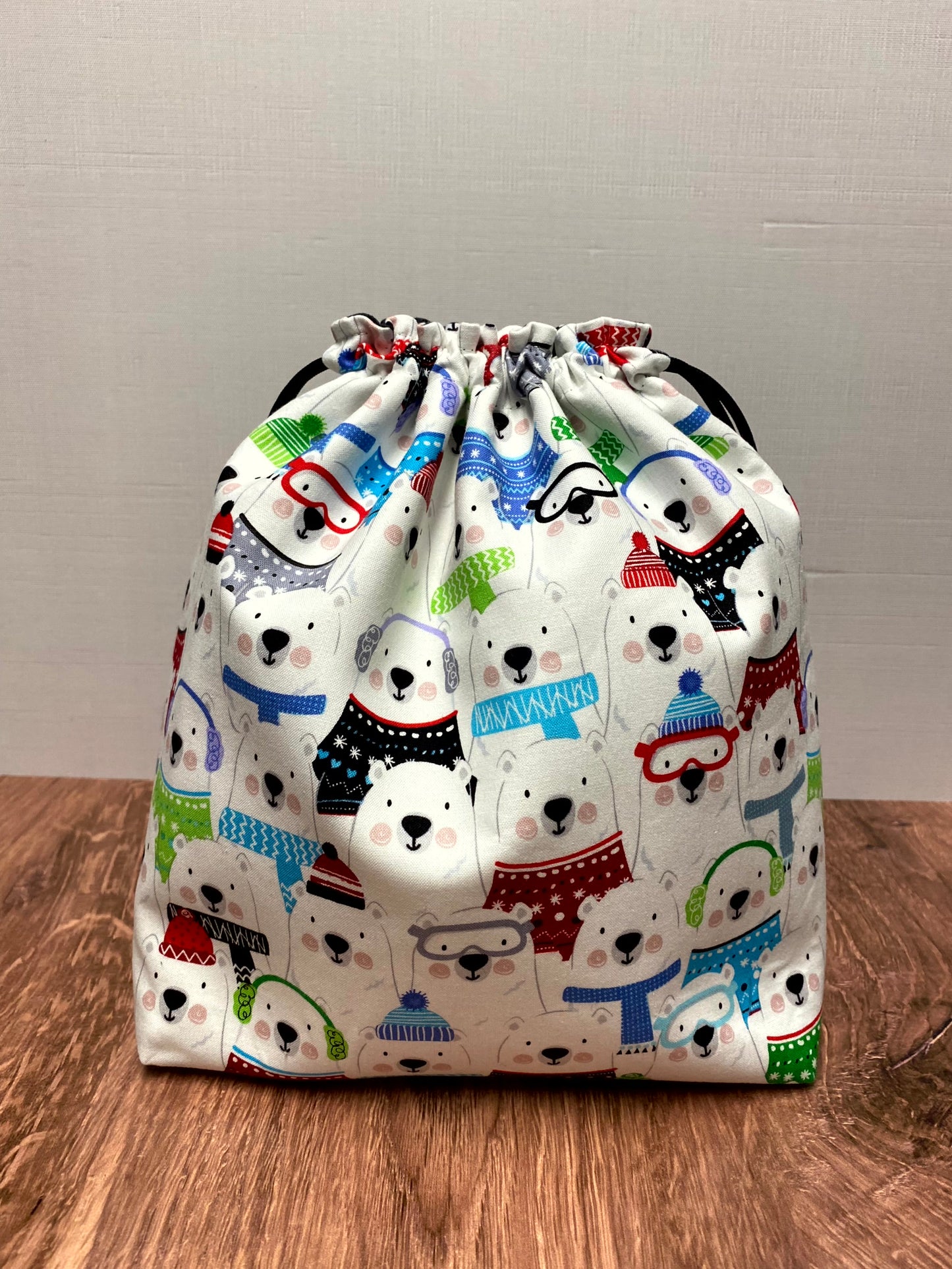 Polar Bear Project Bag - Drawstring Bag – Crochet Bag - Knitting Bag - Cross Stitch Bag - Christmas - Holiday - Bears