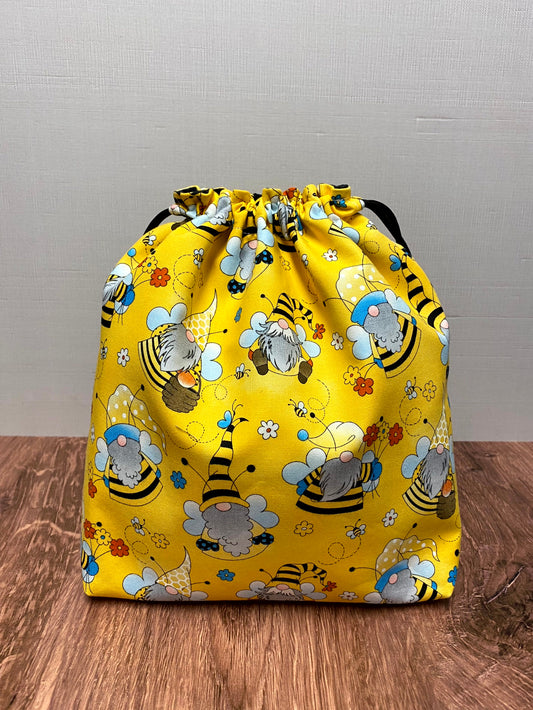 Gnome Project Bag - Drawstring Bag – Knitting Bag – Crochet Bag - Craft Bag - Bingo Bag – Cross Stitch Bag - Floral - Bee