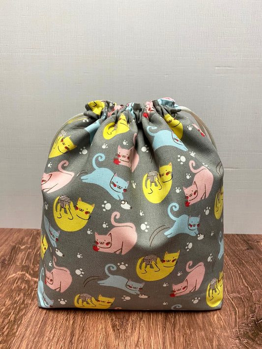 Cat Project Bag - Handmade - Drawstring Bag – Knitting Bag – Crochet Bag - Cross Stitch Bag - Toy Sack - Bingo Bag - Kitty - Kitten