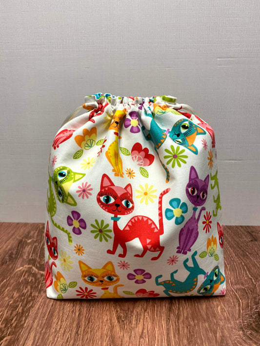 Cat Project Bag - Handmade - Drawstring Bag – Knitting Bag – Crochet Bag - Cross Stitch Bag - Toy Sack - Bingo Bag - Kitty - Kitten