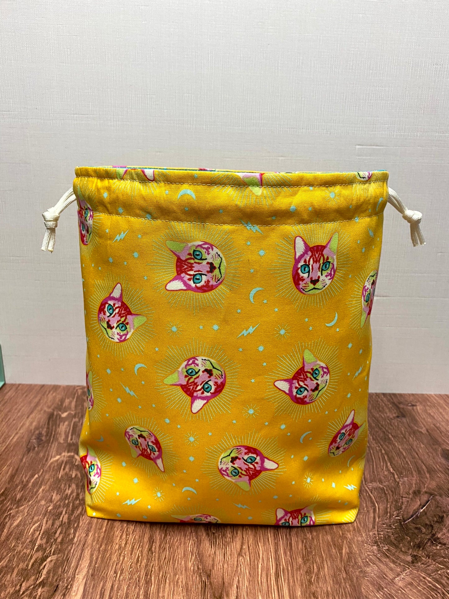 Cat Project Bag - Handmade - Drawstring Bag – Knitting Bag – Crochet Bag - Cross Stitch Bag - Toy Sack - Bingo Bag - Curiouser