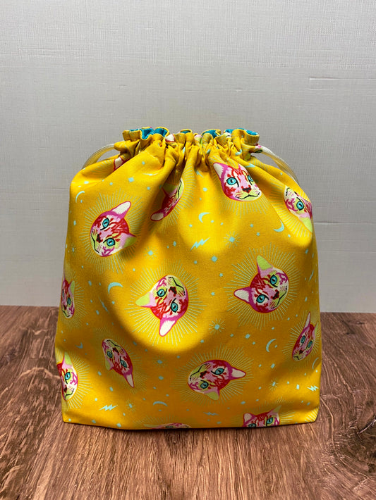 Cat Project Bag - Handmade - Drawstring Bag – Knitting Bag – Crochet Bag - Cross Stitch Bag - Toy Sack - Bingo Bag - Curiouser