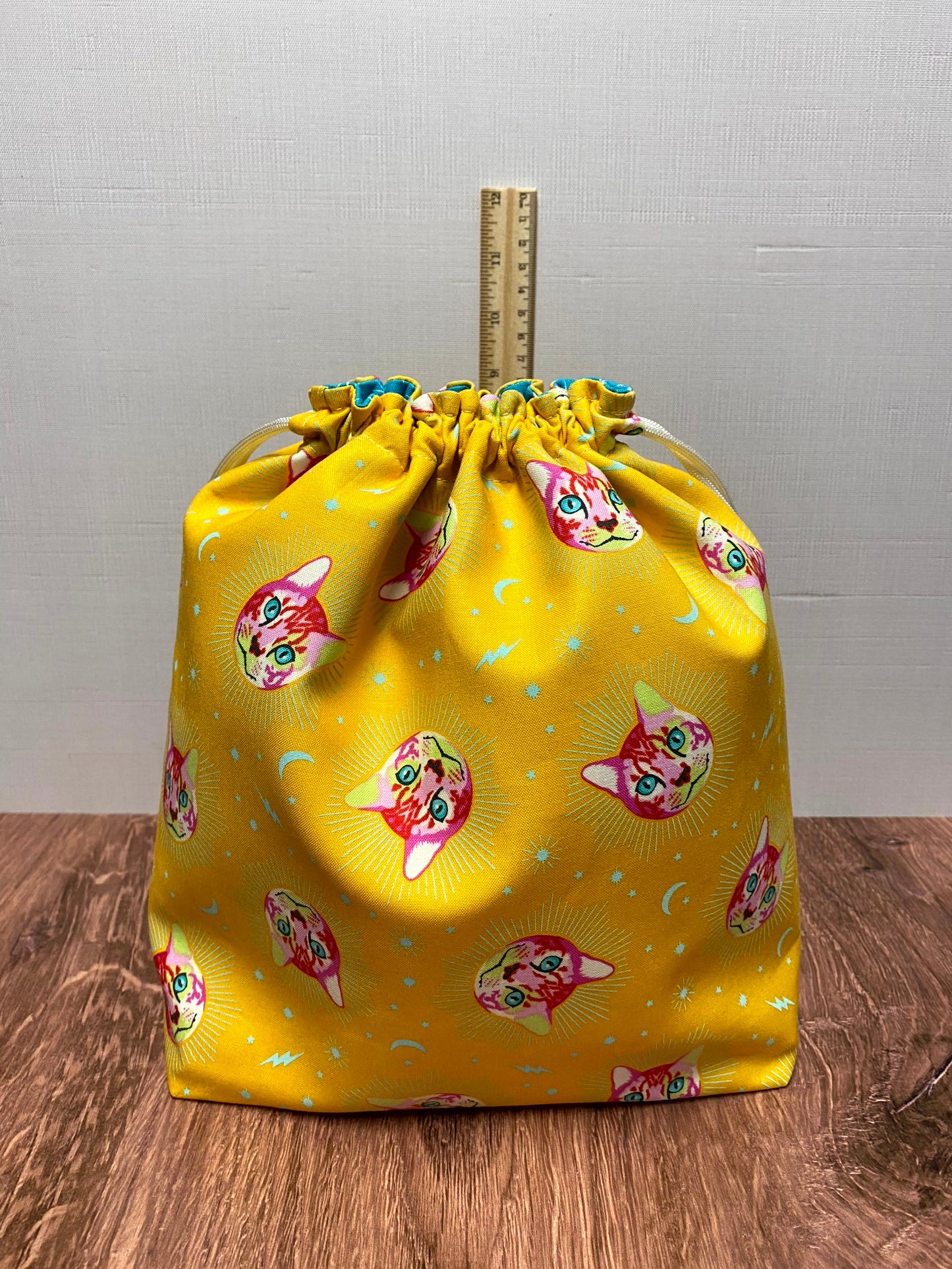 Cat Project Bag - Handmade - Drawstring Bag – Knitting Bag – Crochet Bag - Cross Stitch Bag - Toy Sack - Bingo Bag - Curiouser