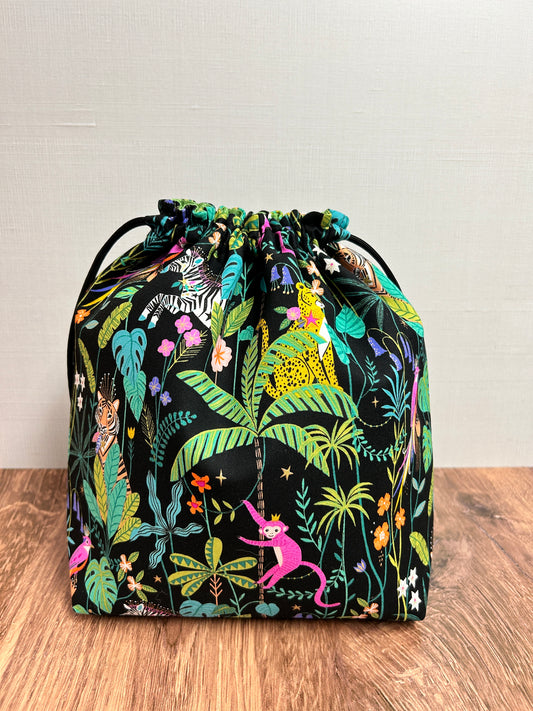 Jungle Project Bag - Drawstring Bag – Knitting Bag – Crochet Bag - Toy Sack - Cross Stitch Bag - Tiger - Monkey - Zebra - Bird - Leopard