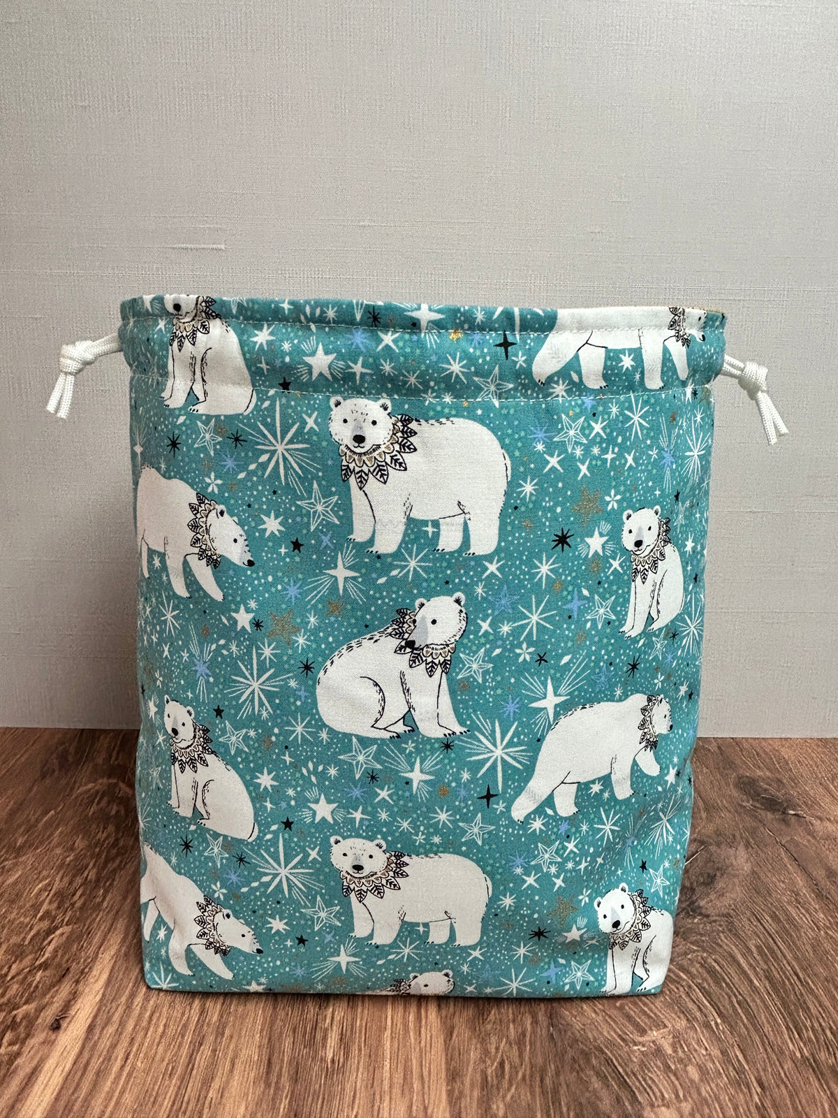 Arctic Polar Bear Project Bag - Drawstring Bag – Knitting Bag – Crochet Bag - Toy Sack - Cross Stitch Bag - Gift Bag - Craft Bag