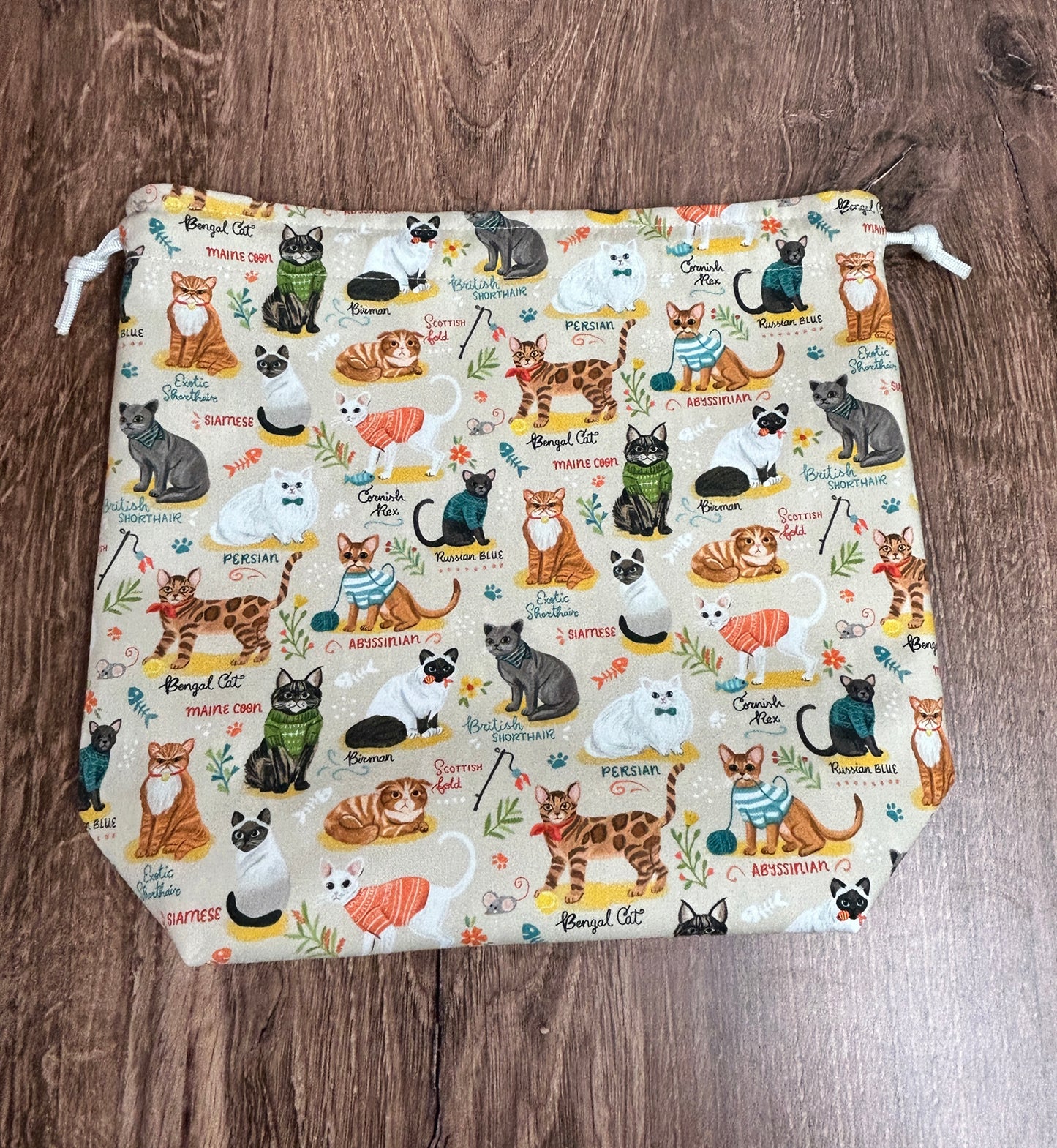 Cat Project Bag - Drawstring Bag – Knitting – Crochet - Cross Stitch Bag - Bingo Bag - Breeds - Siamese - Maine Coon - Persian - Bengal