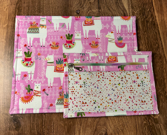 Vinyl Cross Stitch Project Bag - Embroidery bag - Project Bag - Knitting Crochet Bag - Llama Project Bag - Notions (PINK)