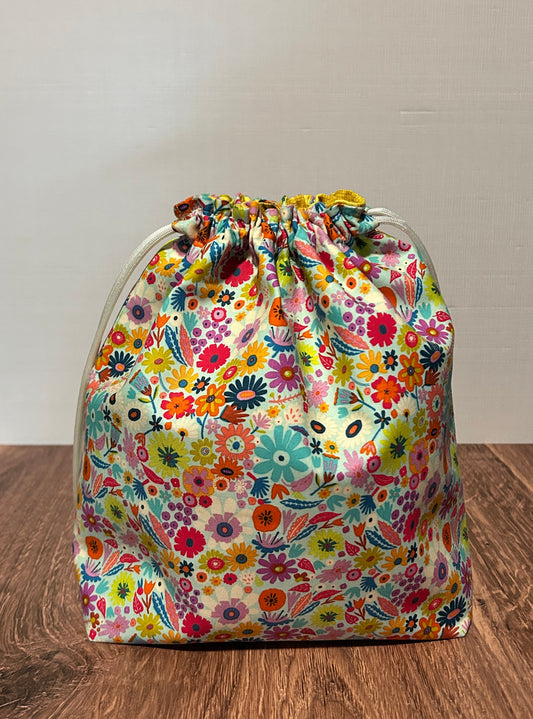 Flower Project Bag - Handmade - Drawstring Bag – Knitting Bag – Crochet Bag - Toy Sack - Floral