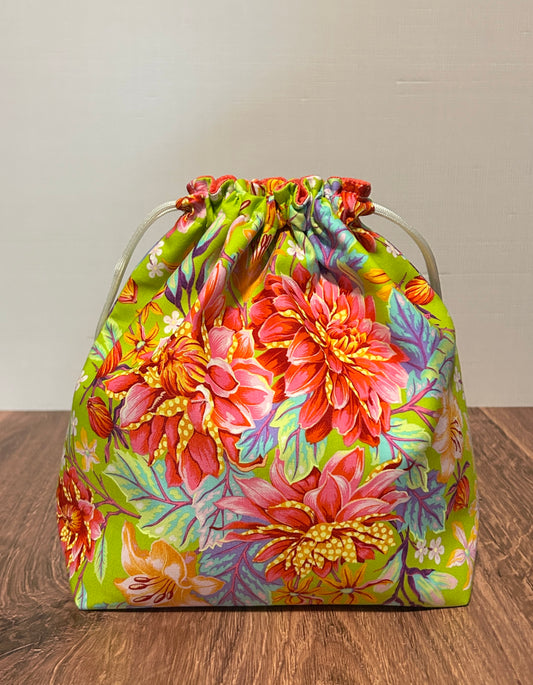 Flower Project Bag - Handmade - Drawstring Bag – Knitting Bag – Crochet Bag - Toy Sack - Floral - Dahlia