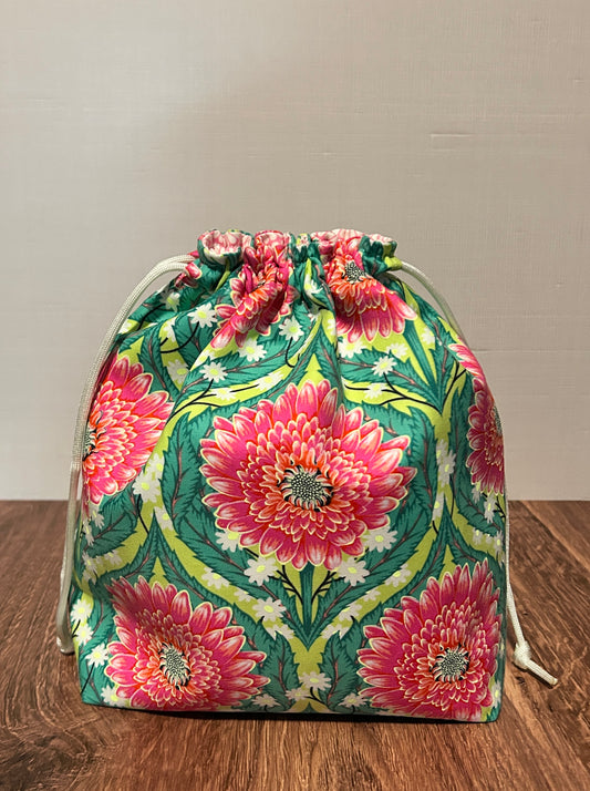 Flower Project Bag - Handmade - Drawstring Bag – Knitting Bag – Crochet Bag - Toy Sack - Floral - Daisy